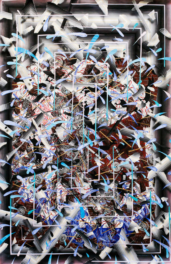 Andrew Schoultz - abstracted blue and black geometric painting