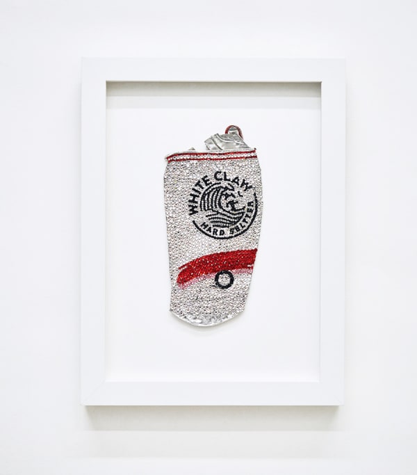 Sam Keller sculptural wall piece framed featuring found White Claw can and applied crystals