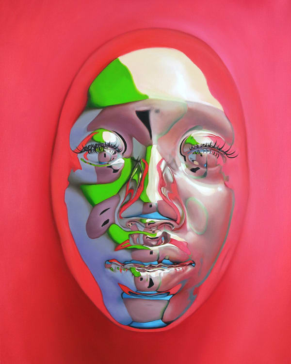 painting of a chrome mask of a woman's face by Kip Omolade