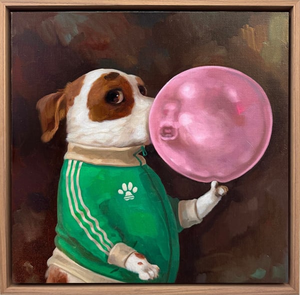 A painting of a brown and white dog wearing a green jacket and blowing a bubble of pink gum.