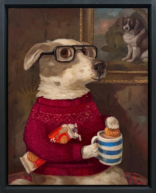 A dog wearing glasses and a red sweater holding cookies and a striped mug.
