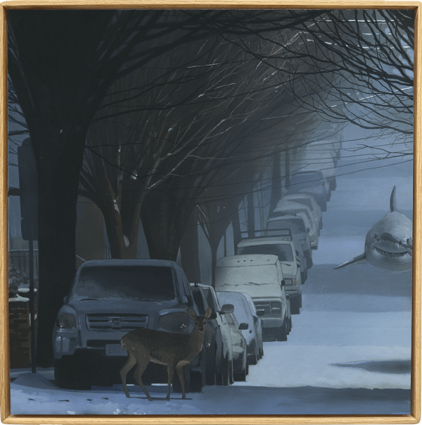 Painting by artist Chris Austin depicting a snowy quiet street with numerous cars parked along the sidewalk under bare trees. In front of a car, a deer faces the viewer while in the background a shark floats in the empty street