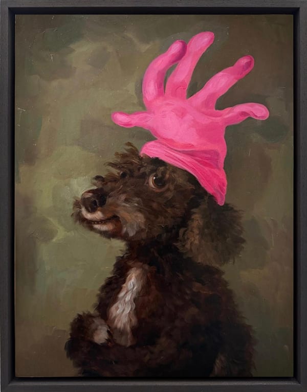 A painting of a brown dog wearing a pink glove on its head.