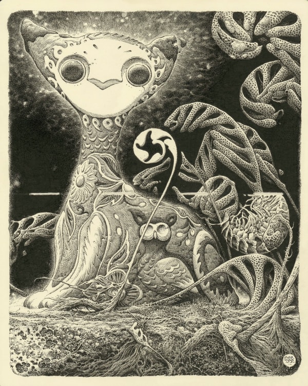 Drawing of a cat like creature with various designs and textures.