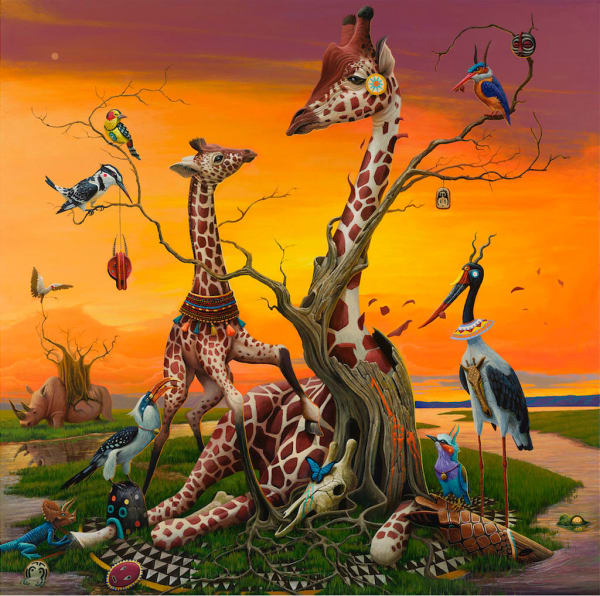 Dulk painting of giraffes and exotic birds set against orange sunset