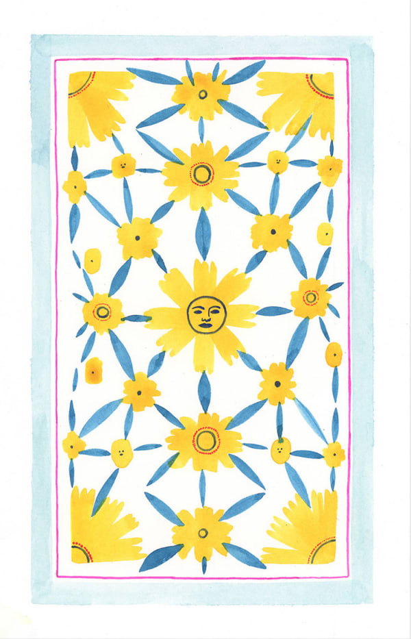 Painting of several yellow flowers all connecting with their leaves and a face on one of the flowers.