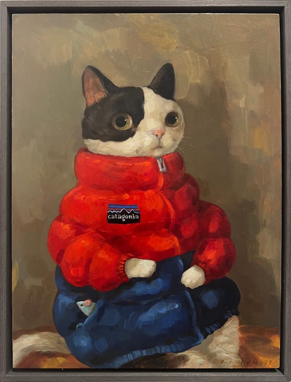 painting of a cat in a bubble jacket by Alison Friend
