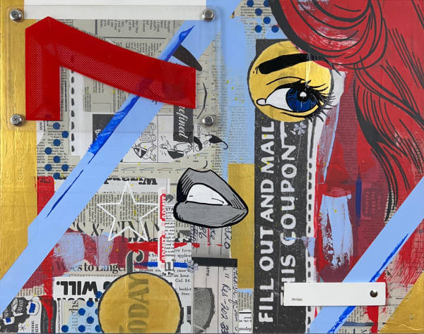 mixed media collage including text and part of a woman's face