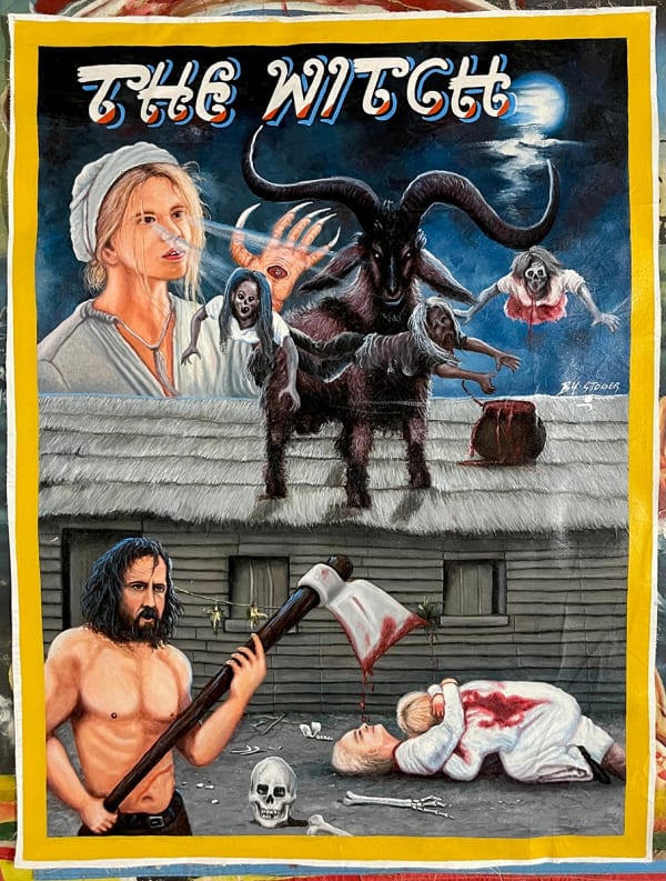 Deadly Prey (Stoger) The Witch, 2022 oil and enamel on flour sack 41 x 31 in 104.1 x 78.7 cm