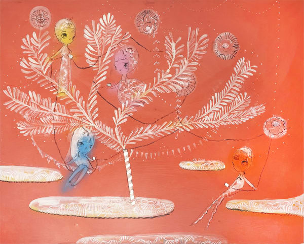 Painting of nymphs in a tree by Kelly Tunstall