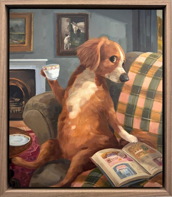 A painting of a dog sitting on a green couch holding a cup of tea and reading a book.