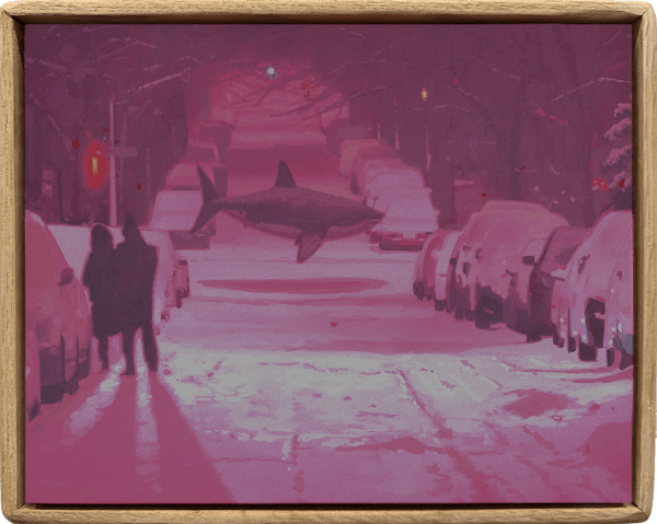 Painting by artist Chris Austin depicting a hazy pink street covered in snow at night. On the right, a silhouetted couple walks along parked cars while a shark floats behind them.