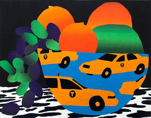 Karen Lederer painting of yellow taxi covered bowl with fruit