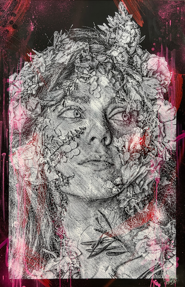 portrait of a woman with flowers around her face and pink accents