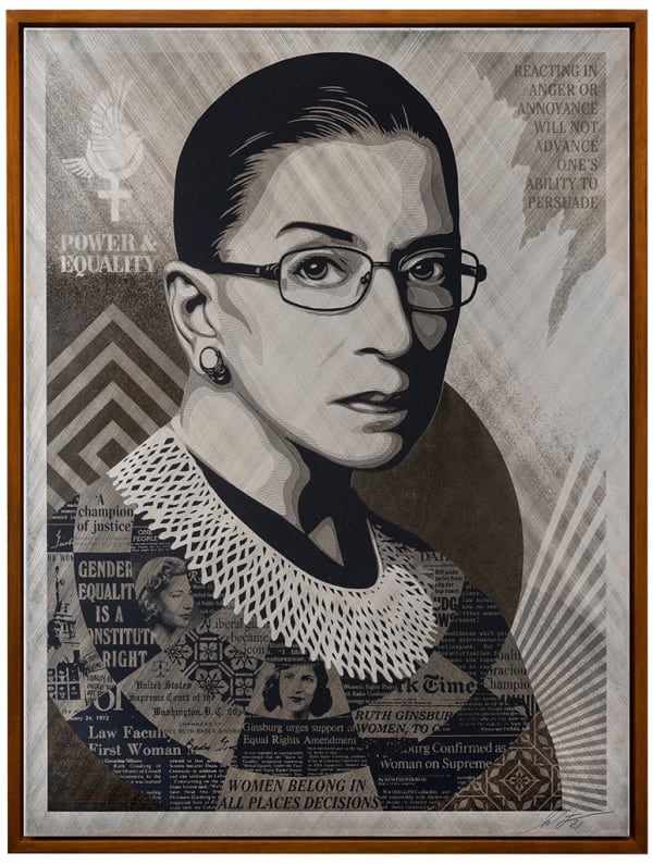 black and white portrait of Ruth Bader Ginsberg with a patterned background