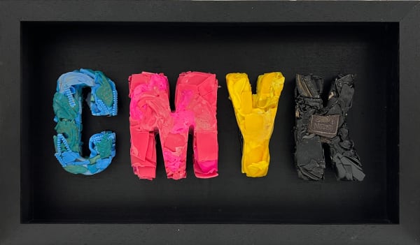 text-based artwork reading CMYK, made of melted plastic by Louis "Masai" Michel