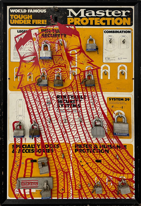 GATS Protection, 2025 enamel on vintage lock display 41 1/2 x 25 x 2 in 105.4 x 63.5 x 5.1 cm