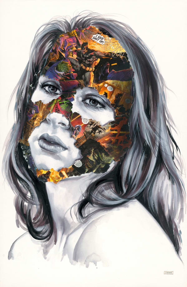 black and white woman with a face mask made of colorful comic book characters