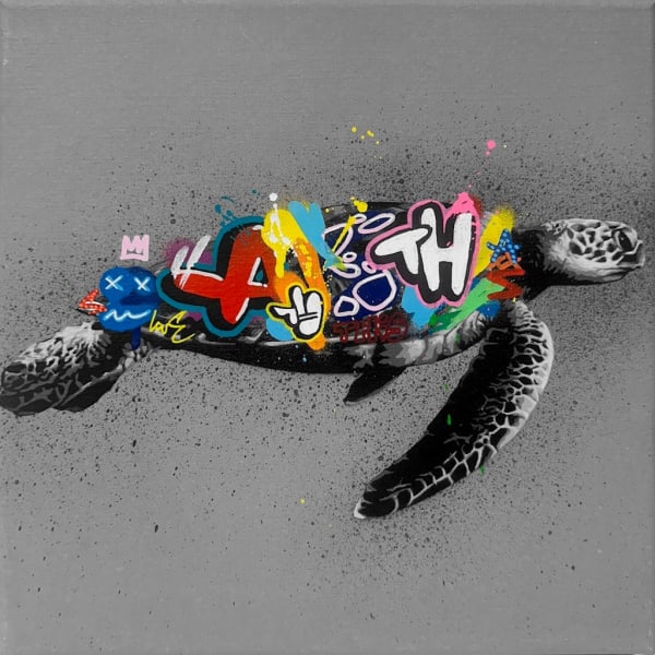black and white painting of a sea turtle with a shell covered in colorful graffiti