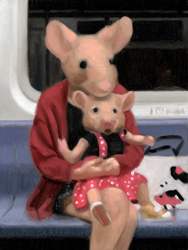 sketched out painting of a mouse in human clothes holding her mouse child