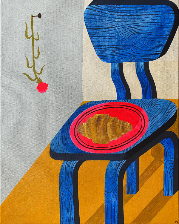 Josh Stover "An Overbaked Croissant on a Hot Pink Plate on a Blue Chair" acrylic painting on canvas featuring blue chair with croissant on red plate with rose hung on the wall in background