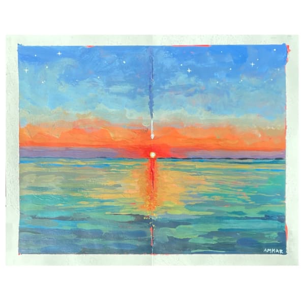 Landscape painting of a body of water and sunsetting on the horizon
