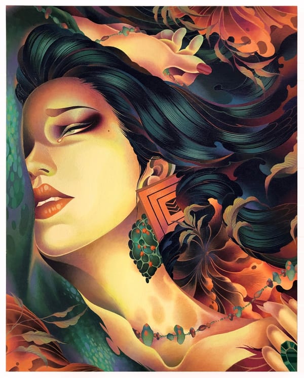 painting of a woman with black hair by ONEQ