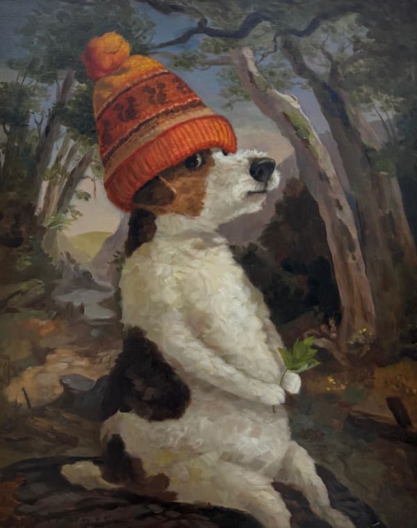 Alison Friend The Crowned Prince of Squirrel Chasing, 2025 oil on linen. Framed Artwork Dimensions 20 x 16 in 24 x 20 in 61 x 50.8 cm