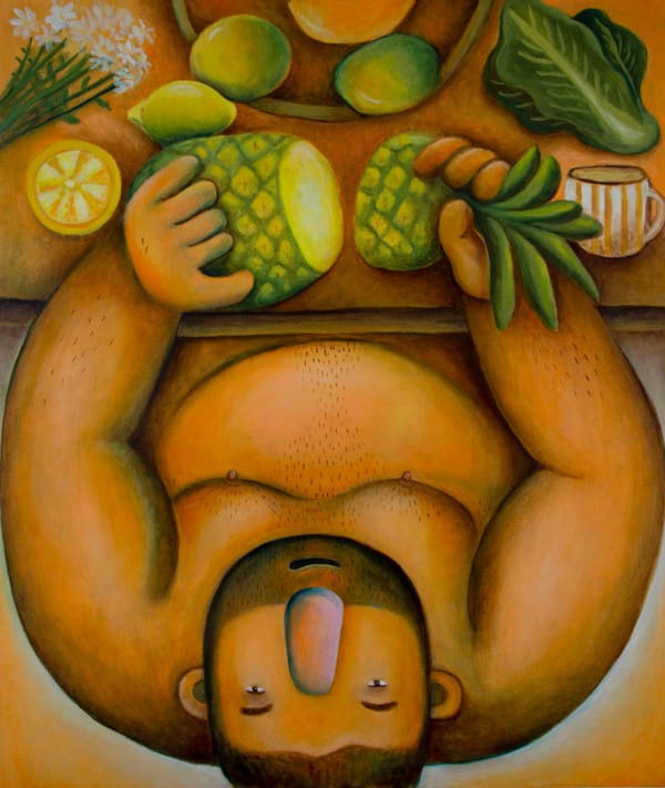 Carlos Rodriguez "Juicy and Tropical" man holding cut pineapple on table with other fruit and vegetables
