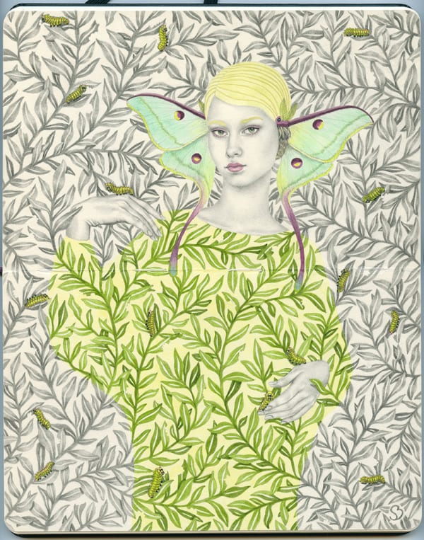 Painting of a woman with butterfly wings around her face in a dress with a leaf pattern that blends into the background
