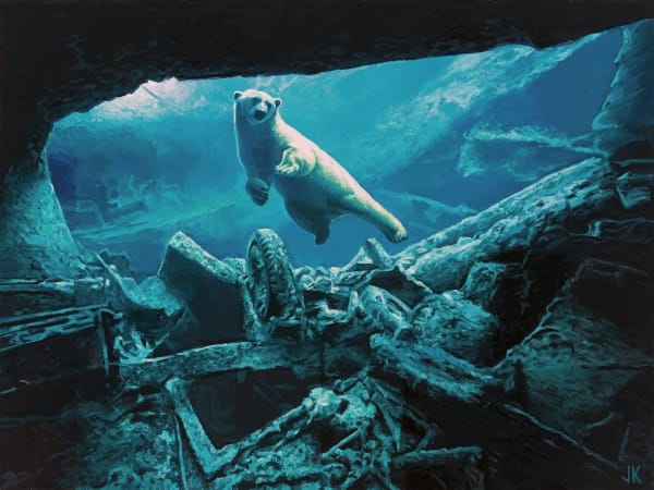 polar swimming in underwater cave with machine parts