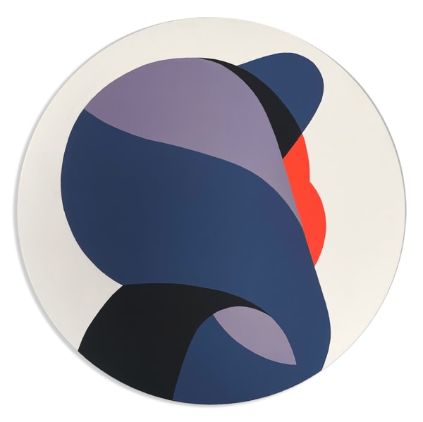 Circular painting of the back of someone's head wearing a hood and hat