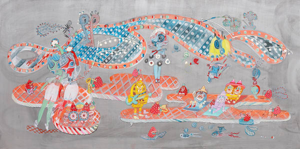 KeFe Real Or Magic?, 2025 acrylic on panel with 23 k gold and silver leaf 36 x 72 in 91.4 x 182.9 cm