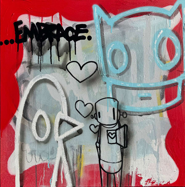 silver outline of a bird, black outline of a robot with hearts coming out of his chest, and light blue outline of batman character