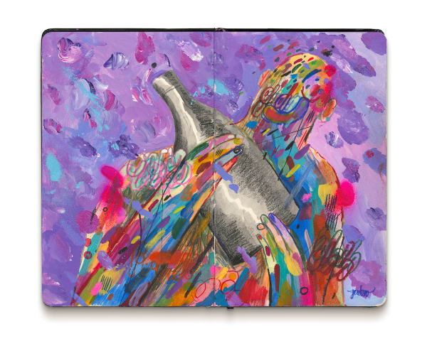 Abstract painting of a figure in various colors holding a gray bottle on a purple background