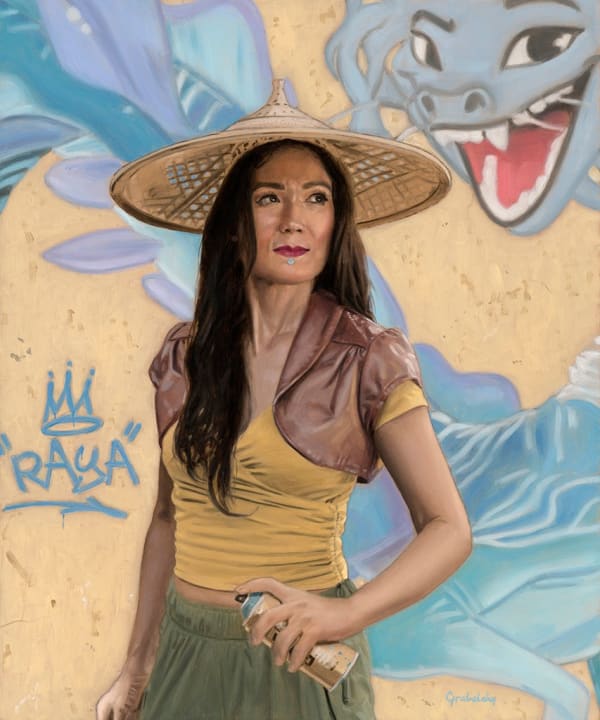 Painting of a woman holding a spray paint can standing in front of a wall with a mural on it