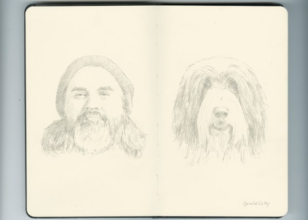 Drawing of a man with beard wearing a beanie and a shaggy long haired dog.