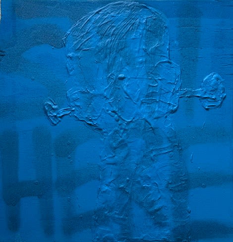 blue canvas with the words "Still Here" and a robot figure