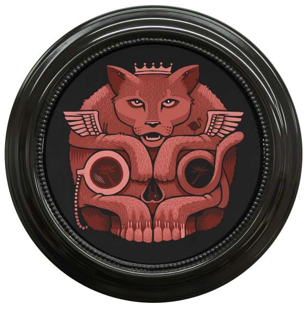 drawing of a panther shaped to resemble a skull in a black frame