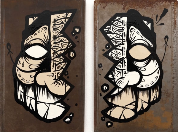 Diptych painting on rusted metal sheets of a GATS character split between the two panels in tan, white and black