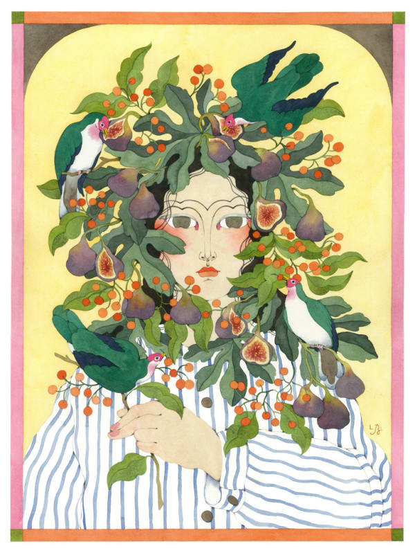 Painting of a woman with a wreath of figs, red berries and leaves around her head. She is wearing a white and blue button up shirt on a pale yellow background.
