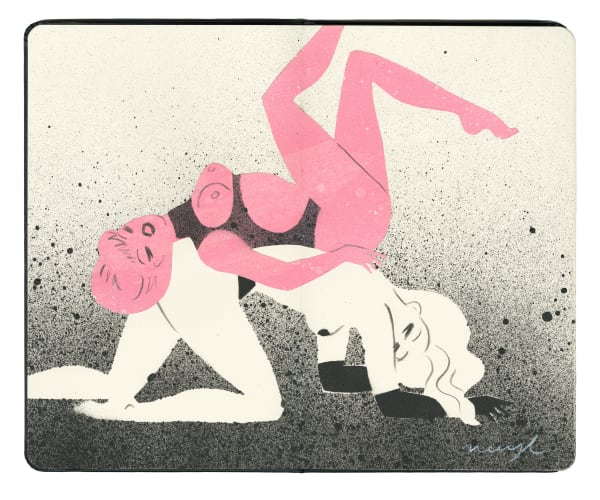 Painting of two women. One painted white with her knees and arms on the ground. The other painted pink on the others back with her legs in the air.