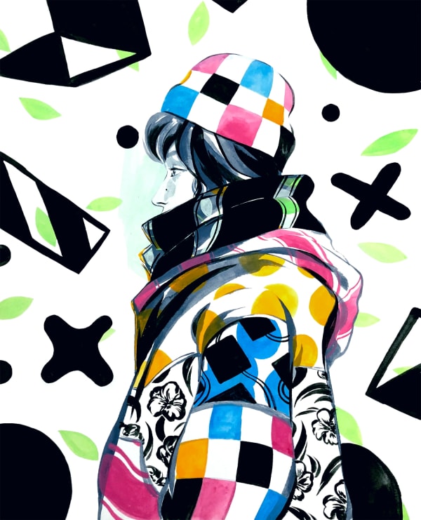 Dennis Brown's painting of a woman in a colorful jacket