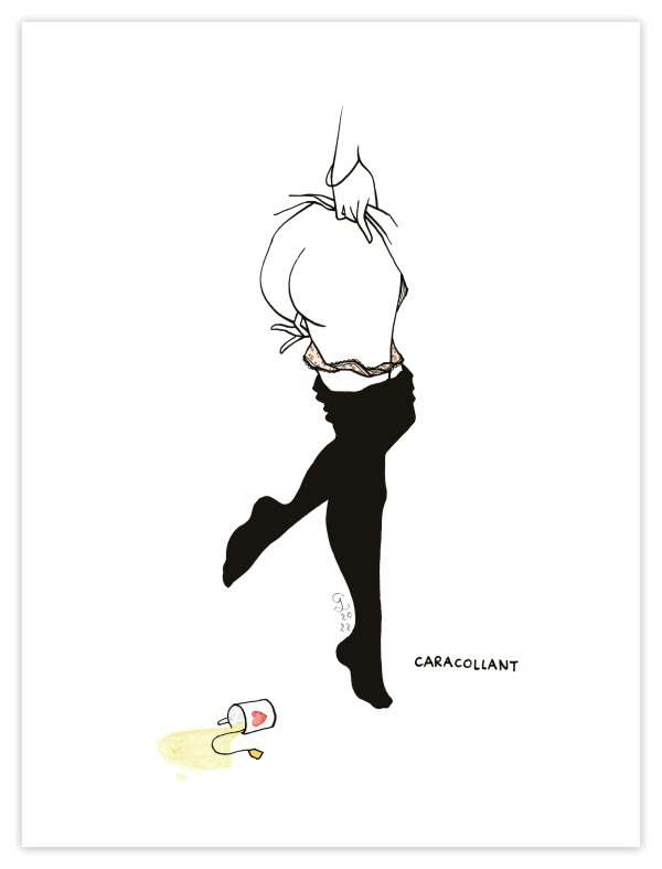 line drawing of a woman's nude backside and her legs in black stockings