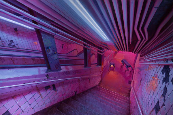 painting of subway staircase with two robot dogs at the bottom illuminated in pink light