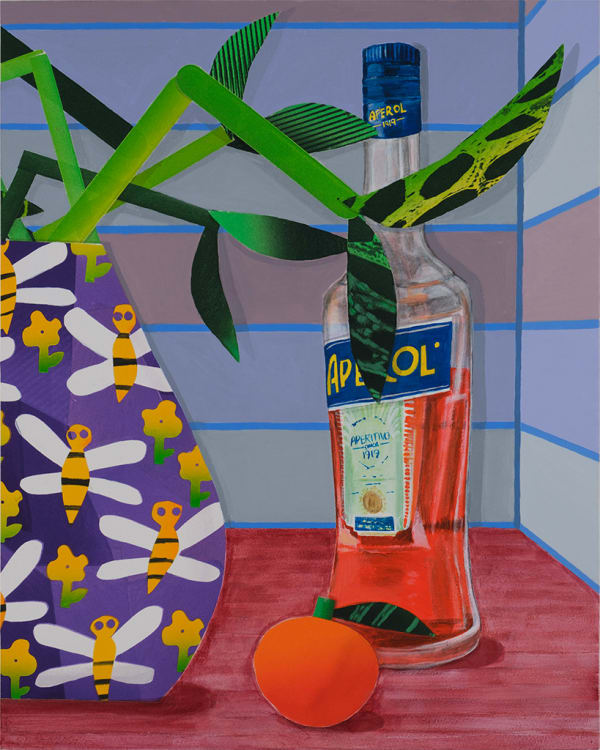 Painting of a bottle of Aperol that is a quarter empty, a purple vase with bumble bees on it and a plant growing inside of a it and an orange on a red surface.