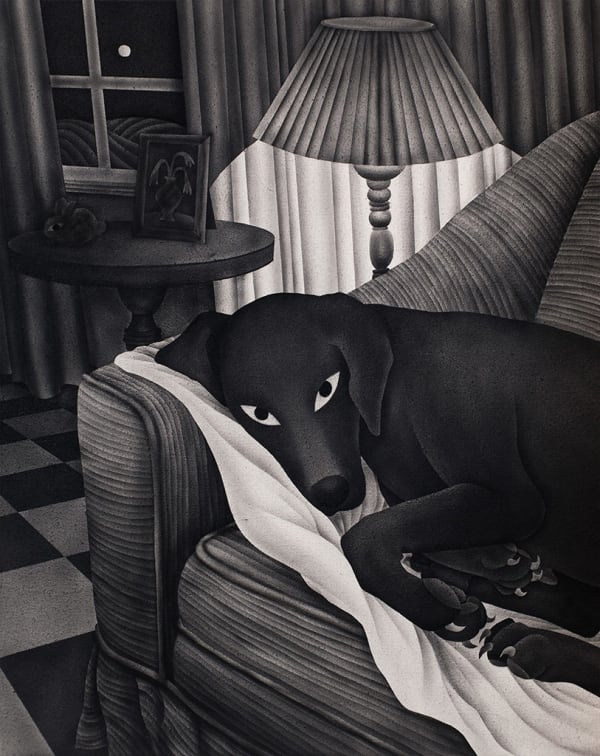Angela Fang Zirbes - black and white painting of living room interior, black dog laying on couch