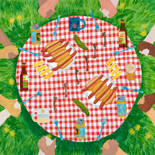Nicholas Zirk "Picnic Ritual" oil and acrylic painting of red checkered picnic blanket with hot dogs and drinks, green grass in background