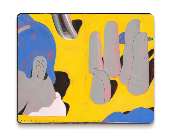 Abstract painting of finger tips and a head with blue hair coming out of something yellow.