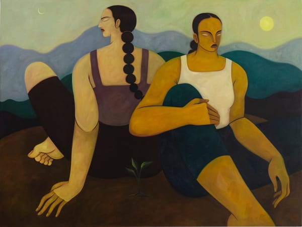 Hilda Palafox painting of two women back to back sitting in mountainous landscape with sun and crescent moon in background